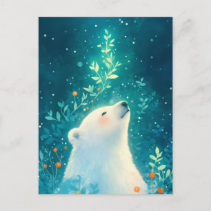Cartão Postal Urso Branco Sereno no Jardim Azul Turquesa Brilhan