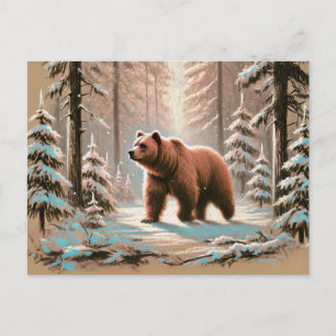 Cartão Postal Urso Castanho na Floresta de Neve - Arte do Pão