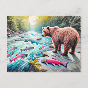 Cartão Postal Urso Castanho Observando Desenho De Giz De Salmão 
