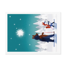 Urso Cinto e Raposa esquiando sob estrelas em uma