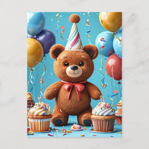 Cartão Postal Urso de aniversário com bolo e balões