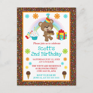 Cartão Postal Urso de aniversário fofo & Arco-íris & Bolo