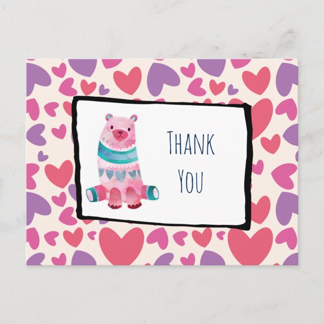 Cartão Postal Urso de Aquarela Bonito num Padrão Cardíaco Obriga (Frente)