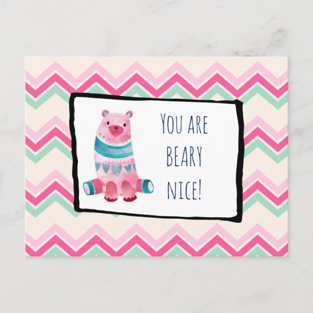 Cartão Postal Urso de Aquarela Bonito num Padrão Cardíaco Obriga (Frente)