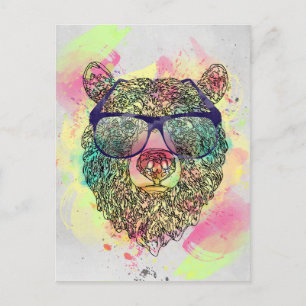 Cartão Postal Urso de aquarela legal com óculos design