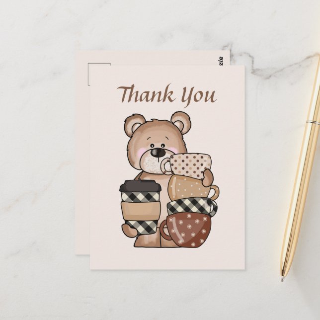 Cartão Postal Urso de café fofo adicionar texto Obrigado  (Frente/Verso In Situ)
