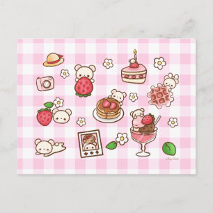 Cartão Postal Urso de Morango Kawaii Doce Rosa Xadrez