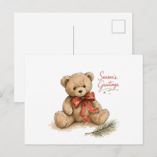 Cartão Postal Urso de Natal em Aquarela