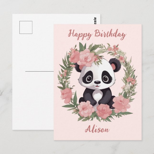 Cartão Postal Urso de Panda Adorável com Flores (Frente/Verso)