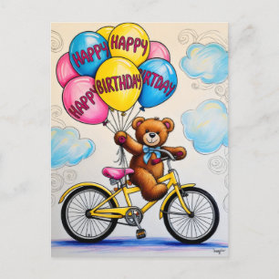 Cartão Postal Urso de pelúcia com balões de bicicleta