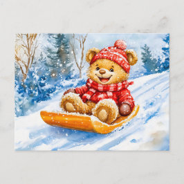 Cartão Postal Urso de Pelúcia Descendo a Colina no Inverno