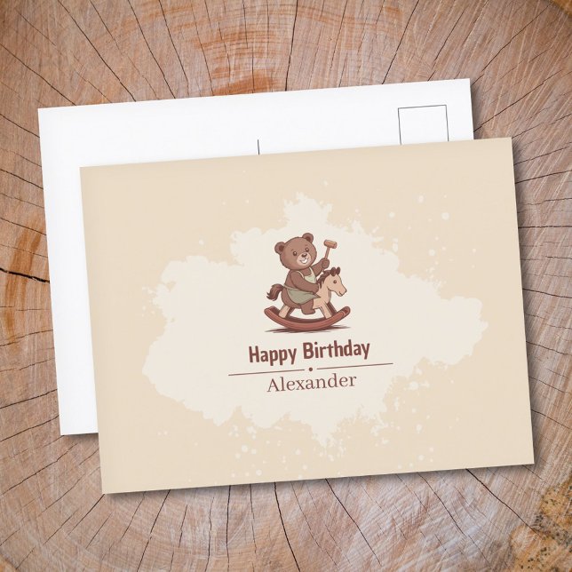 Cartão Postal Urso de pelúcia montando um Cavalo de Balanço (Teddy Bear riding a Rocking Horse Postcard)