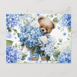 Cartão Postal Urso de Pelúcia Segura Flores de Hortênsia