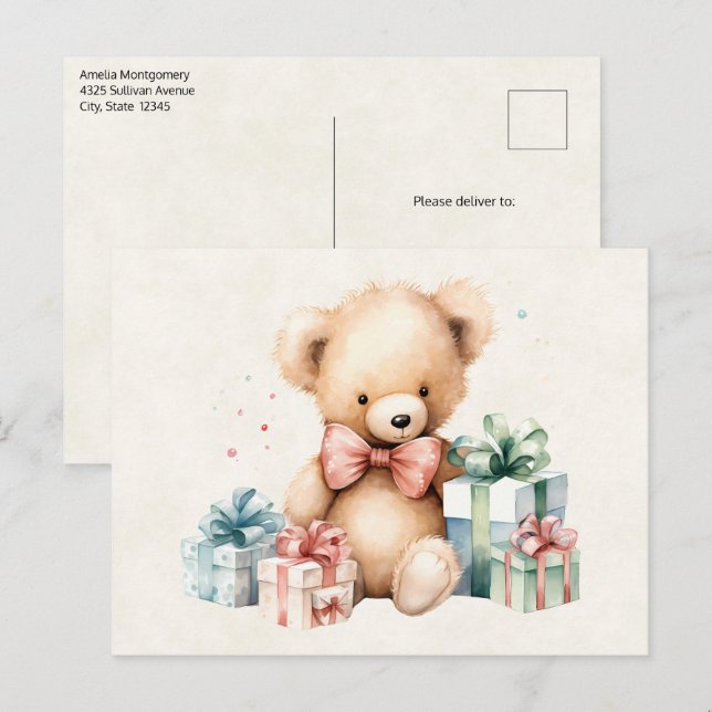 Cartão Postal Urso de Teddy Bonito com Presentes de Natal (Frente/Verso)