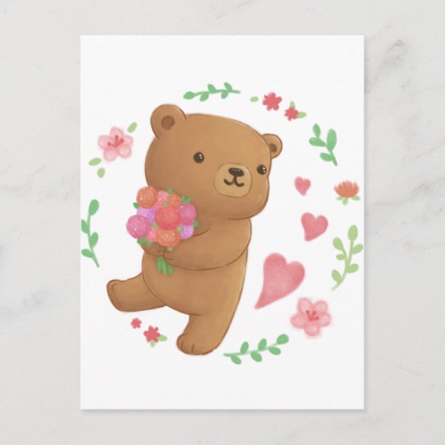 Cartão Postal Urso de Teddy com Flores (Frente)