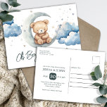 Cartão Postal Urso de Teddy sobre o Chá de fraldas da Lua<br><div class="desc">Gráficos de aquarela de ursinho adorável em tons de bronzeado, marrom e azul. Tema do chá de fraldas do bebê excelente. Nuvens de aquarela, lua, estrelas e ursinho de pelúcia fofo. Convites personalizados/personalizados para chuveiros de bebês. Disponível como download digital. Procure itens correspondentes na minha categoria de chá de fraldas...</div>