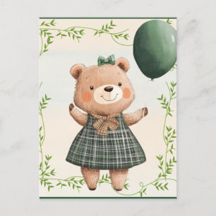 Cartão Postal Urso de Vestido Verde da Xadrez com Arco de Cabelo