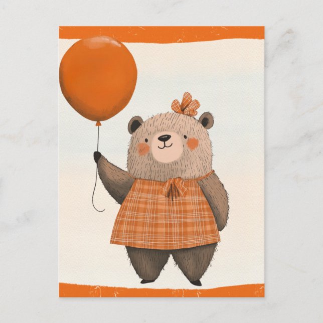Cartão Postal Urso de vestido xadrez laranja com laço no cabelo (Frente)