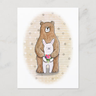 Cartão Postal Urso e Coelho Feliz Animais da Floresta Arte Fofa
