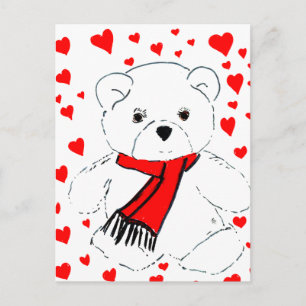 Cartão Postal Urso e Corações Brancos