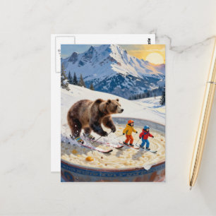 Cartão Postal urso e crianças esquiando em uma tigela de mingau