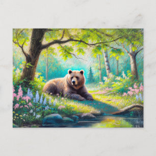 Cartão Postal Urso em Desenho a Giz Pastel de Clareira na Flores
