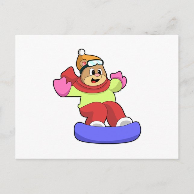 Cartão Postal Urso fazendo Snowboard com Prancha de Neve (Frente)