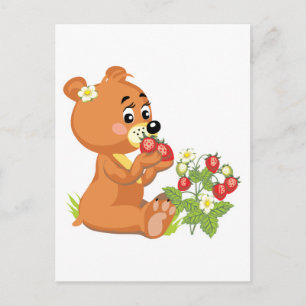 Cartão Postal urso fofo comendo morangos