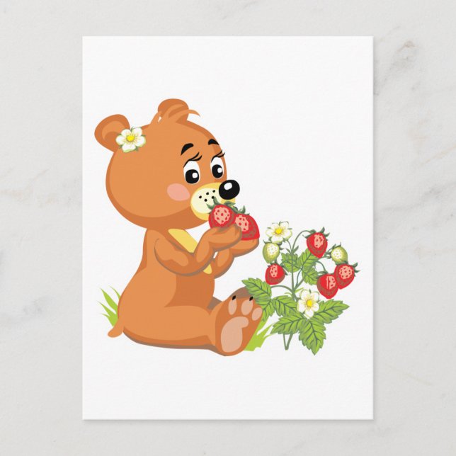 Cartão Postal urso fofo comendo morangos (Frente)