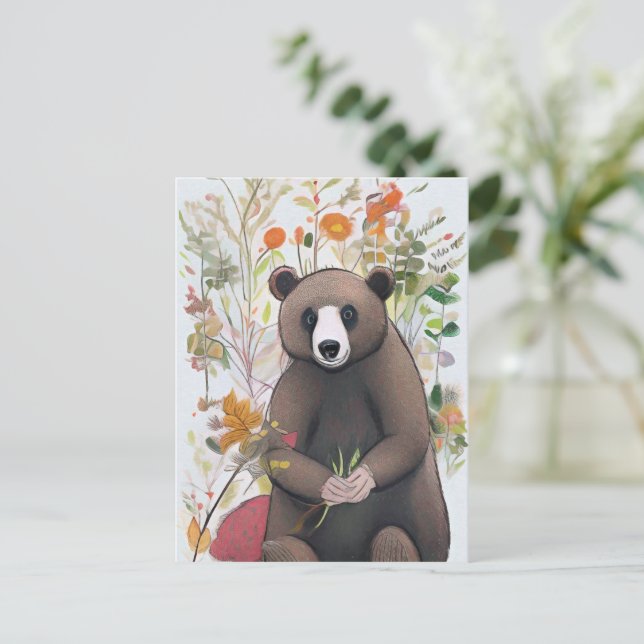 Cartão Postal Urso Fofo da Floresta com Flores de Primavera Arte (Em pé/Frente)