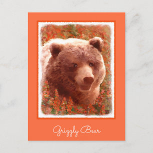 Cartão Postal Urso Grizzly na Pintura de Arte Selvagem com Algas