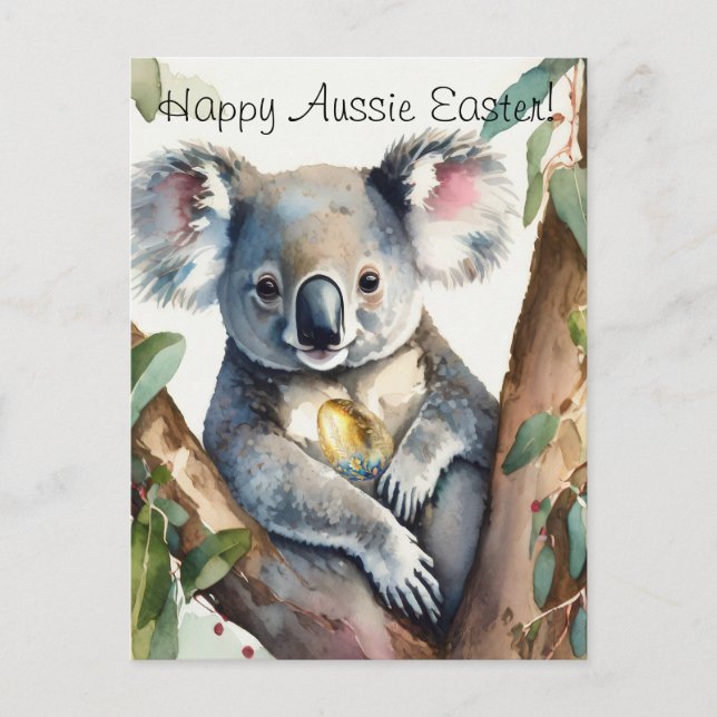 Cartão Postal Urso Koala segurando ovo de Páscoa dourada (Frente)
