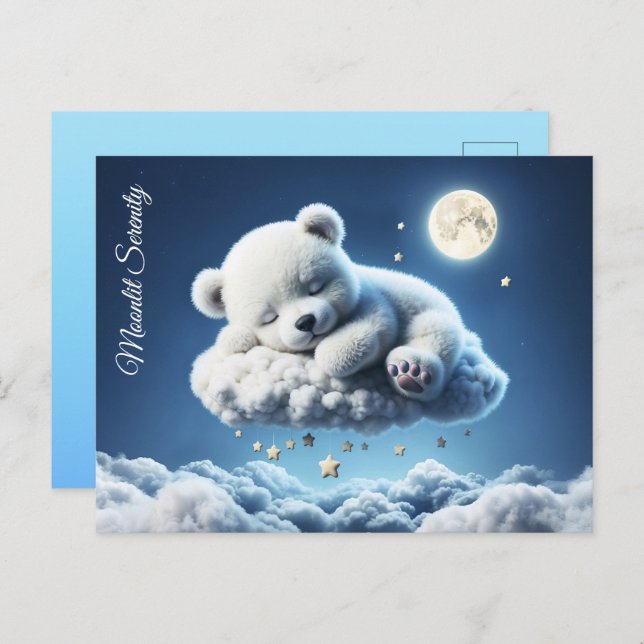 Cartão Postal Urso mágico, sonhadora, noite pastel, arte azul (Frente/Verso)