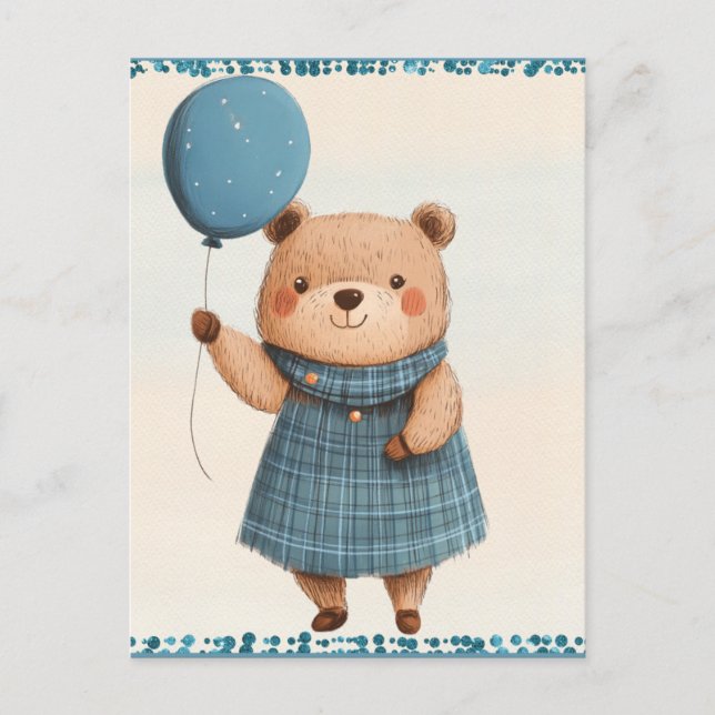 Cartão Postal Urso Menino com Vestido de Xadrez Azul e Balão (Frente)