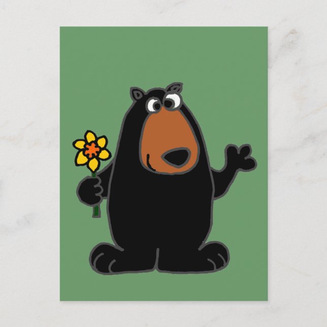 Cartão Postal Urso Negro Bonito com Cartoon Daffodil (Frente)