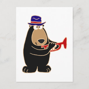Cartão Postal Urso Negro Jogando Trompete Vermelho