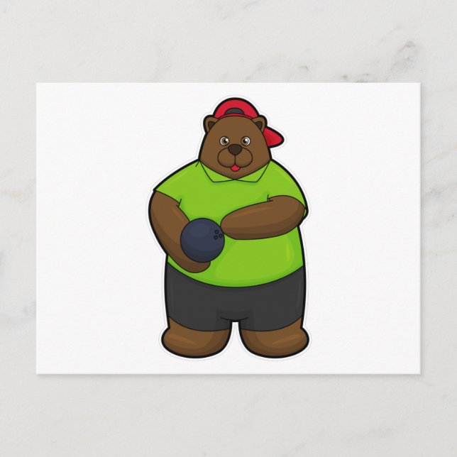 Cartão Postal Urso no boliche com bola de boliche (Frente)