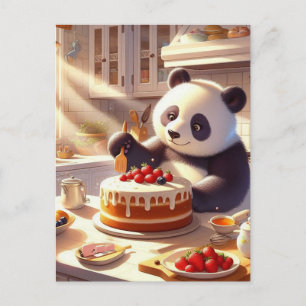 Cartão Postal Urso Panda Adorável Fazendo Bolo