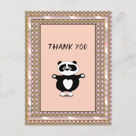 Cartão Postal Urso Panda Agradecido Moldura Floral Dourado Rosa