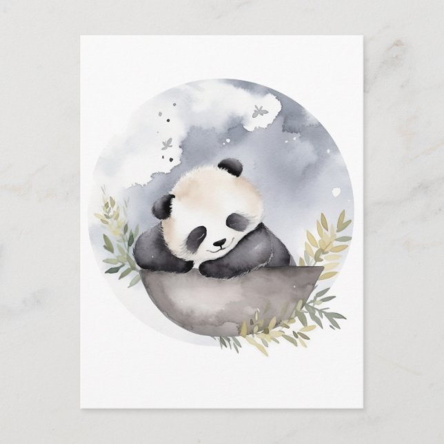 Cartão Postal Urso-Panda Bebê Com Aquarela Sonolenta (Frente)