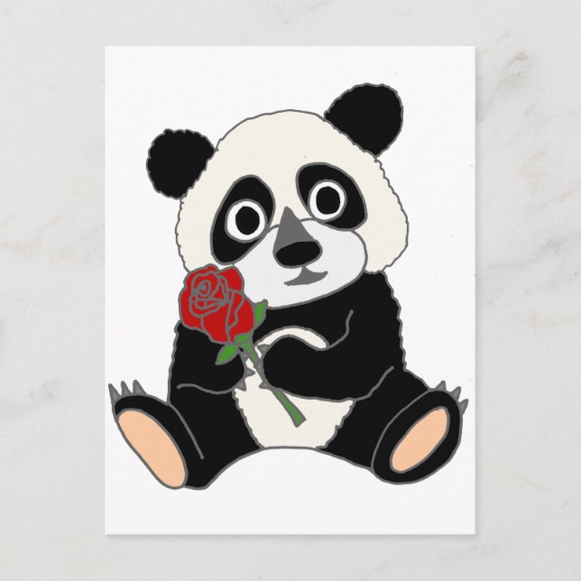Cartão Postal Urso Panda Bonito Segurando Rosa vermelha (Frente)