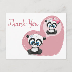 Cartão Postal Urso Panda Coração Rosa Obrigado Festa de Casament