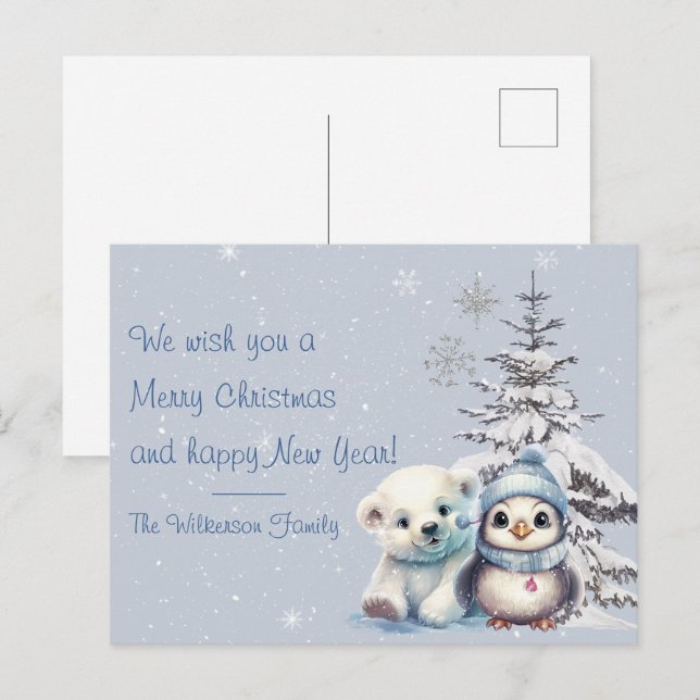 Cartão Postal Urso Polar Cinto e Pinguim do Polo Norte Natal (Frente/Verso)
