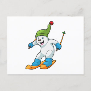 Cartão Postal Urso polar como esquiador com chapéu de esqui e po