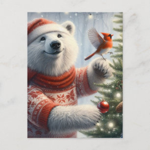 Cartão Postal Urso Polar de Natal Adorável e o Cardinal