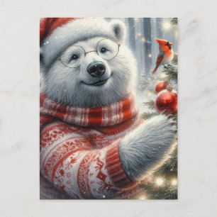 Cartão Postal Urso Polar de Natal Adorável e Pássaro Cardeal