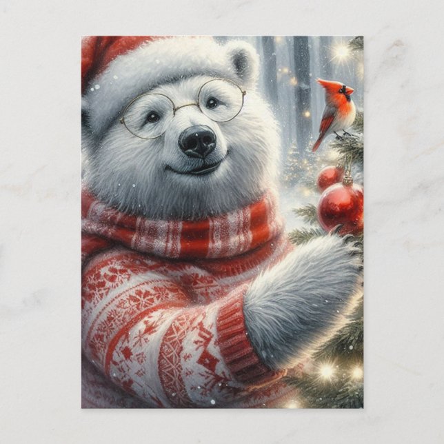 Cartão Postal Urso Polar de Natal Adorável e Pássaro Cardeal (Frente)