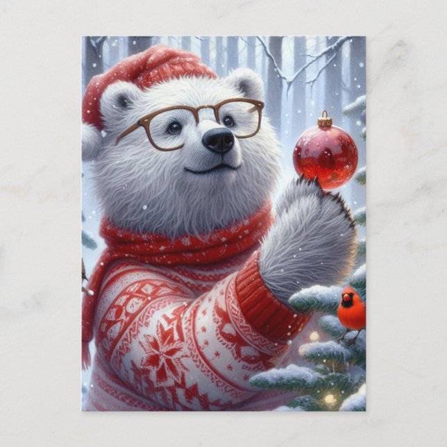 Cartão Postal Urso Polar de Natal e Cardeal (Frente)