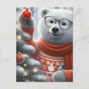 Cartão Postal Urso Polar de Natal e passarinho