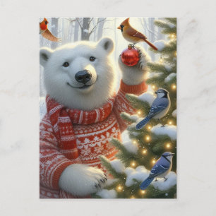 Cartão Postal Urso Polar de Natal e Pássaros Adoráveis